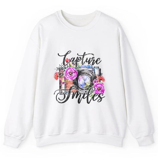 Photography Day Capture Smiles Retro Floral Camera Traveller Unisex Crewneck Sweatshirt