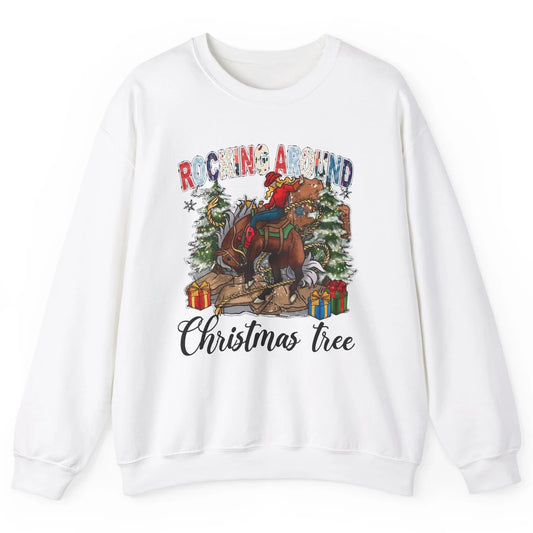 Funny Cowgirl Horsing Rocking Around Christmas Tree Western Unisex Crewneck Sweatshirt