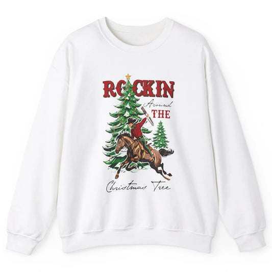 Retro Horsing Cowboy Rocking Around Christmas Tree Western Unisex Crewneck Sweatshirt