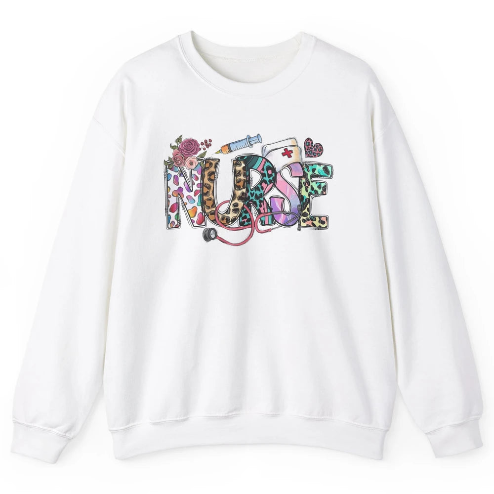 Nurse Life Nursing Registered Therapist Leopard Flower Boho Unisex Crewneck Sweatshirt