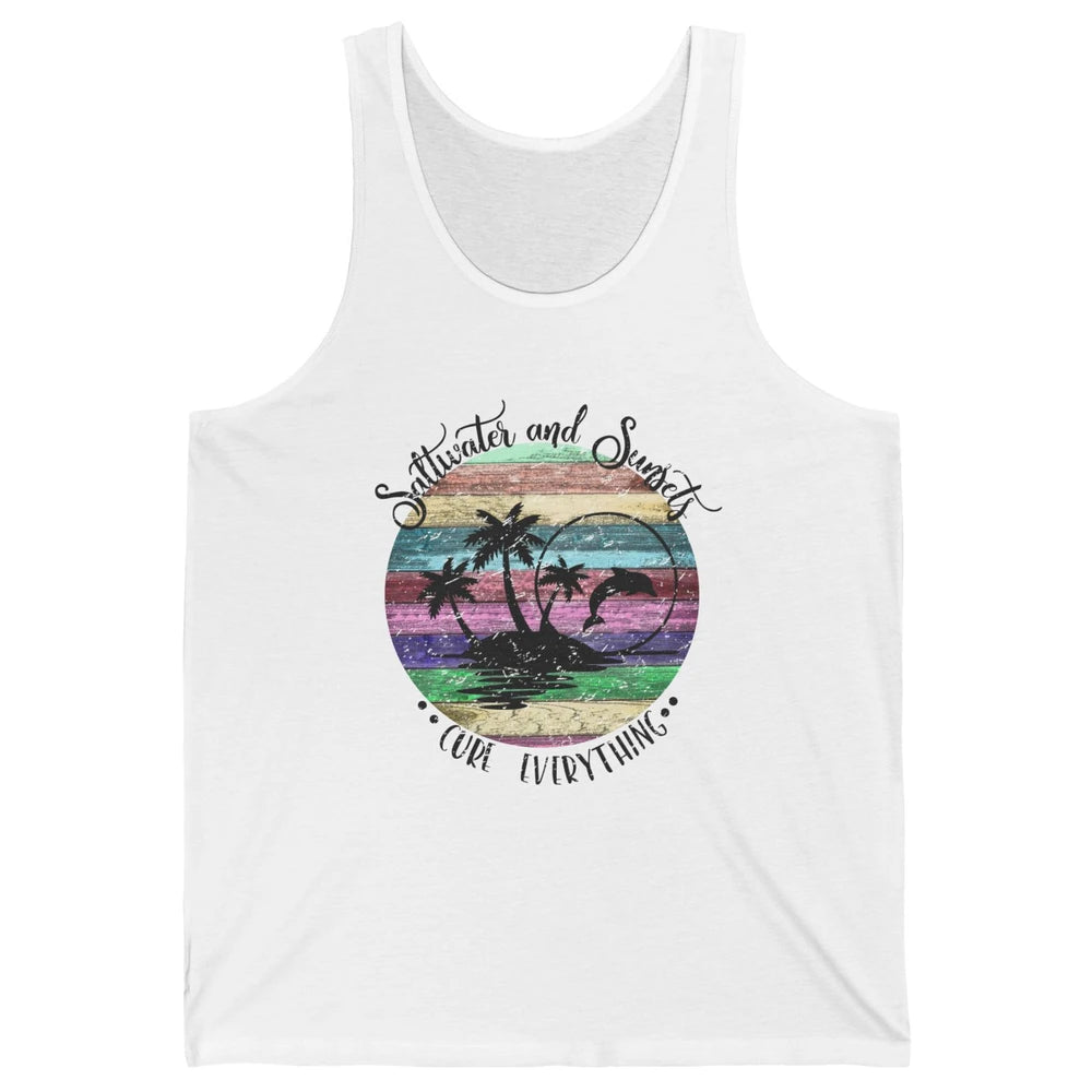 Retro Beach Sunset Saltwater and Sunsets Cure Everything Unisex Jersey Tank
