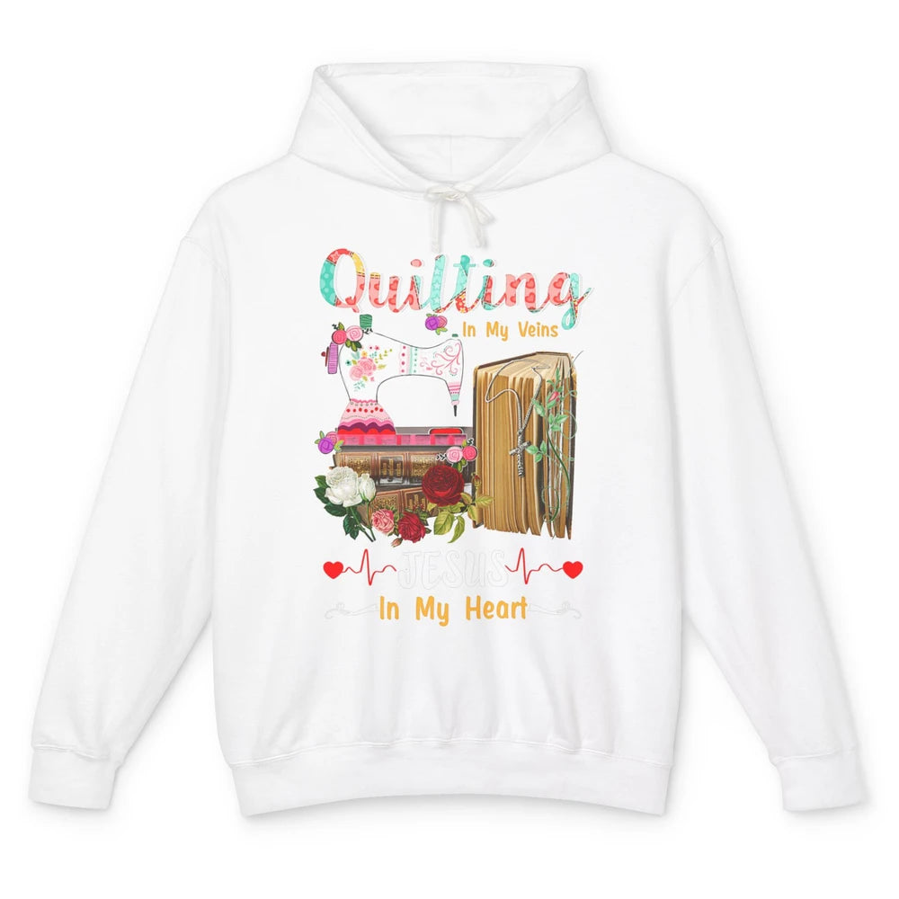 Quilting In My Veins Jesus In Heart Christian Retro Quilt Unisex Lightweight Hoodie