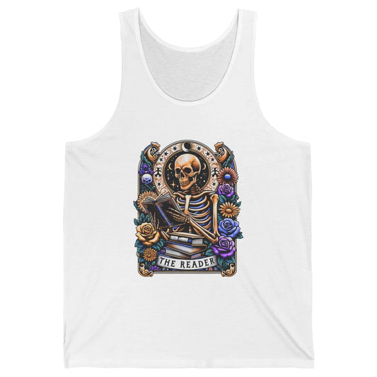 The Reader Tarot Card Halloween Reading Book Skeleton Floral Skull Bookish Bookworm Unisex Jersey Tank