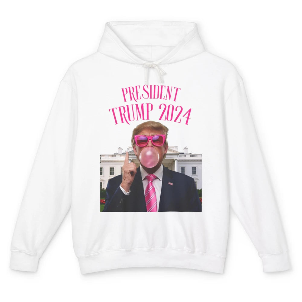 President Trump 2024 Blowing Bubble Gum Funny Trump Won Sarcastic Chewing Gum Pink Sunglasses Political Unisex Lightweight Hoodie