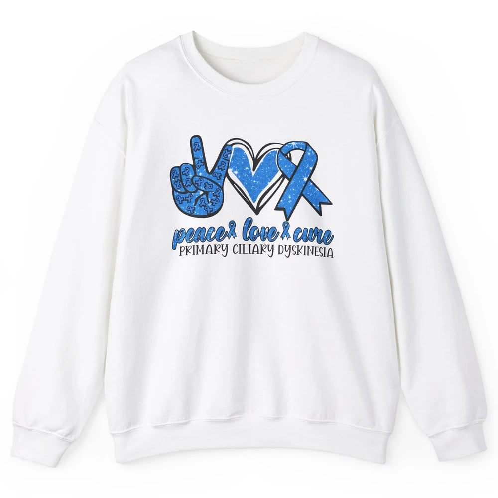 Primary Ciliary Dyskinesia Peace Love Cure Blue Ribbon Unisex Crewneck Sweatshirt