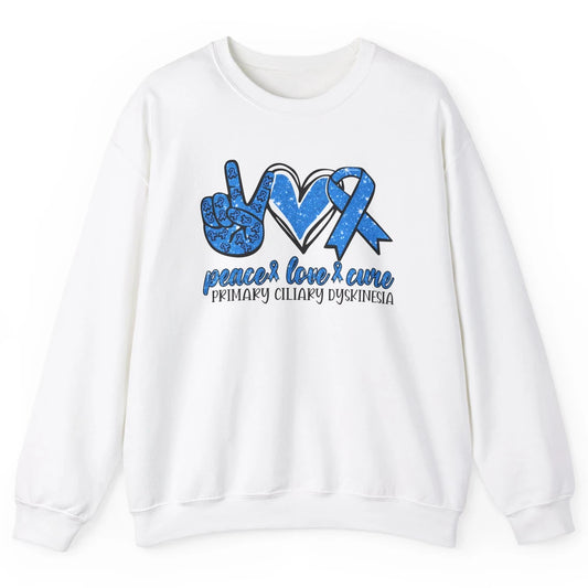 Primary Ciliary Dyskinesia Peace Love Cure Blue Ribbon Unisex Crewneck Sweatshirt