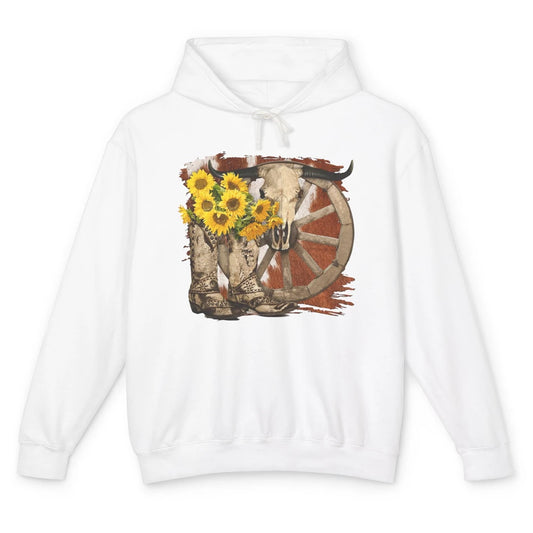 Retro Sunflower Cowgirl Boots Cow Skull Western Country Girl Unisex Lightweight Hoodie