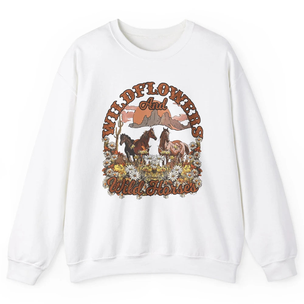 Retro Floral Desert Wildflowers Wild Horses Western Country Unisex Crewneck Sweatshirt