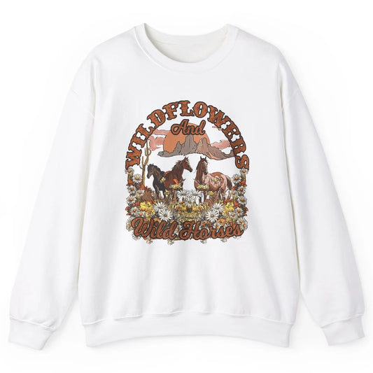 Retro Floral Desert Wildflowers Wild Horses Western Country Unisex Crewneck Sweatshirt