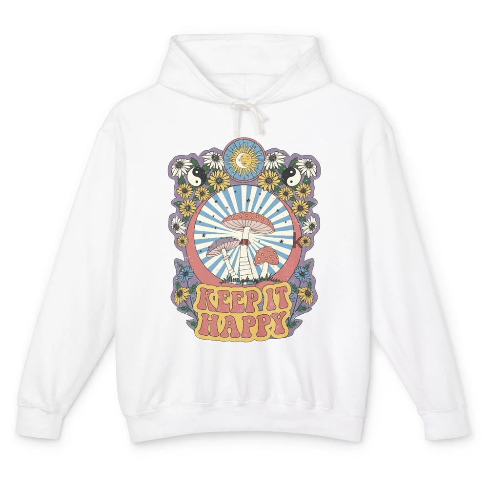 Retro Groovy Keep It Happy Mushroom Daisy Sun Positive Mind Unisex Lightweight Hoodie