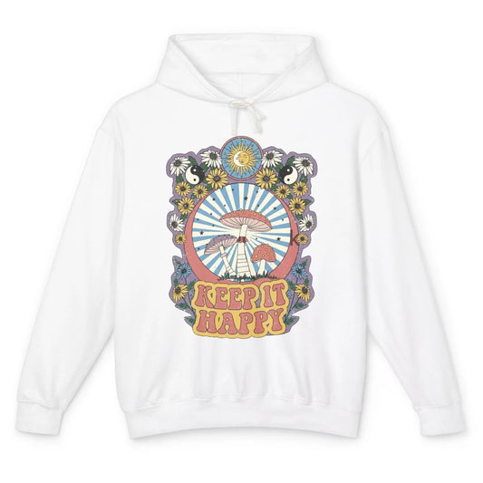 Retro Groovy Keep It Happy Mushroom Daisy Sun Positive Mind Unisex Lightweight Hoodie