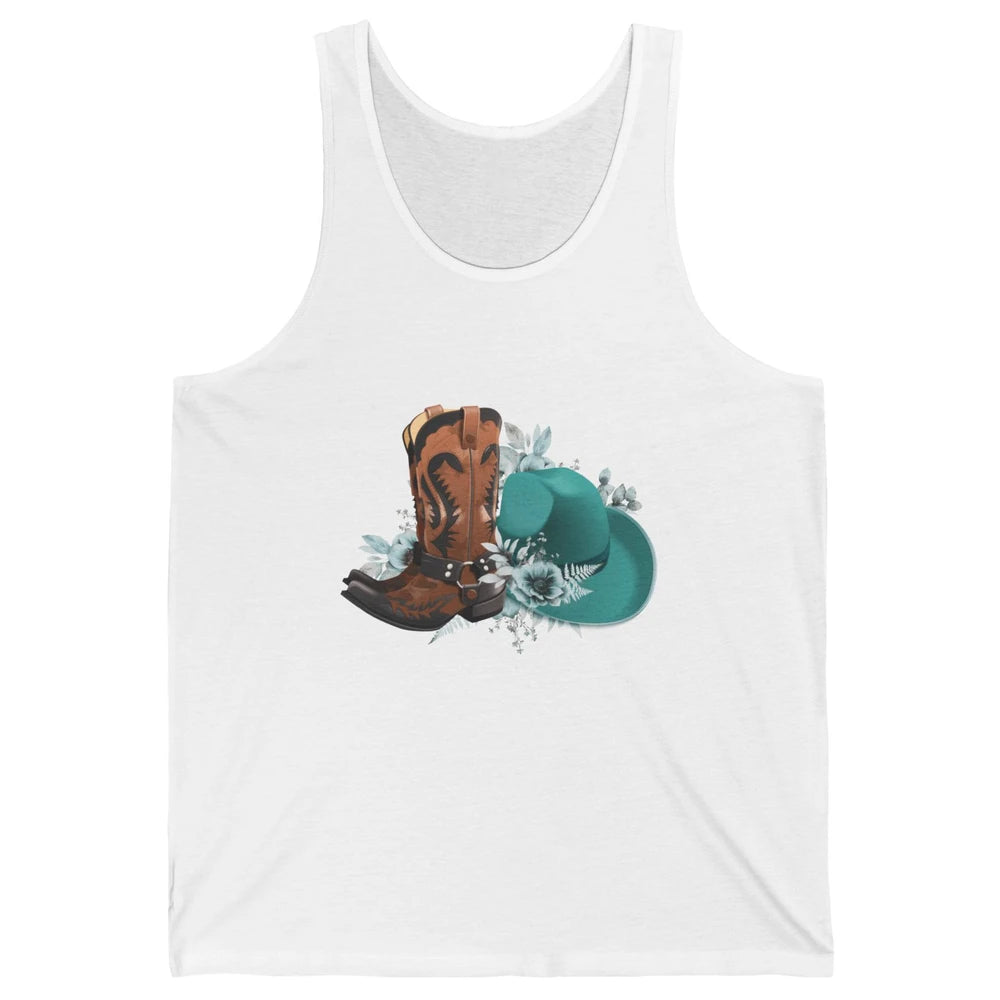 Retro Cowgirl Floral Turquoise Cowboy Boots Rodeo Western Unisex Jersey Tank