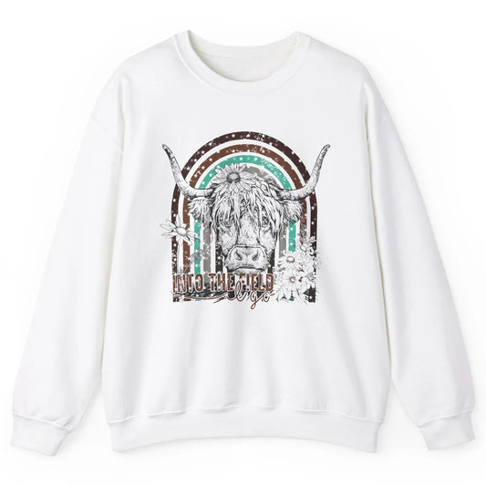 Retro Highland Cow Western Rainbow Into The Field I Go Unisex Crewneck Sweatshirt