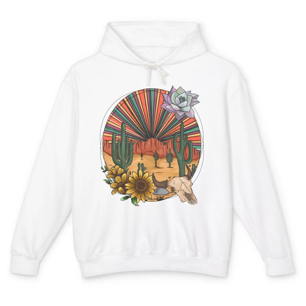 Retro Desert Western Cowboy Boho Skull Cactus Country Cowboy Unisex Lightweight Hoodie
