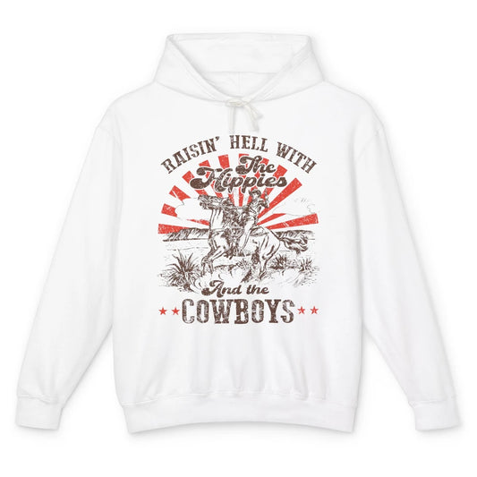 Retro Cowboy Raising Hell With Hippies And Cowboy Western Unisex Lightweight Hoodie