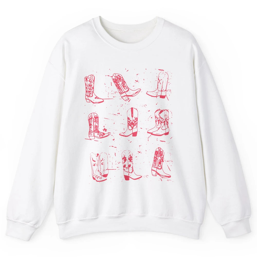 Retro Pink Cowboy Boots Western Valentine Cowgirl Gift Unisex Crewneck Sweatshirt