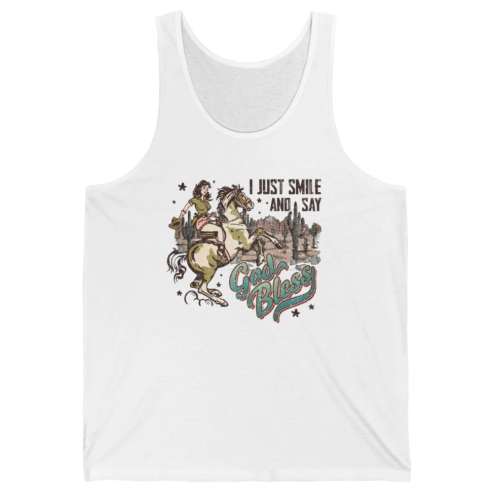 Retro Cowgirl Horsing I Just Smile And Say God Bless Western Unisex Jersey Tank