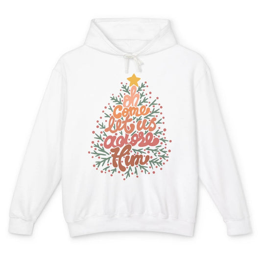 Retro Christmas Tree Oh Come Let Us Adore Him Groovy Xmas Unisex Lightweight Hoodie