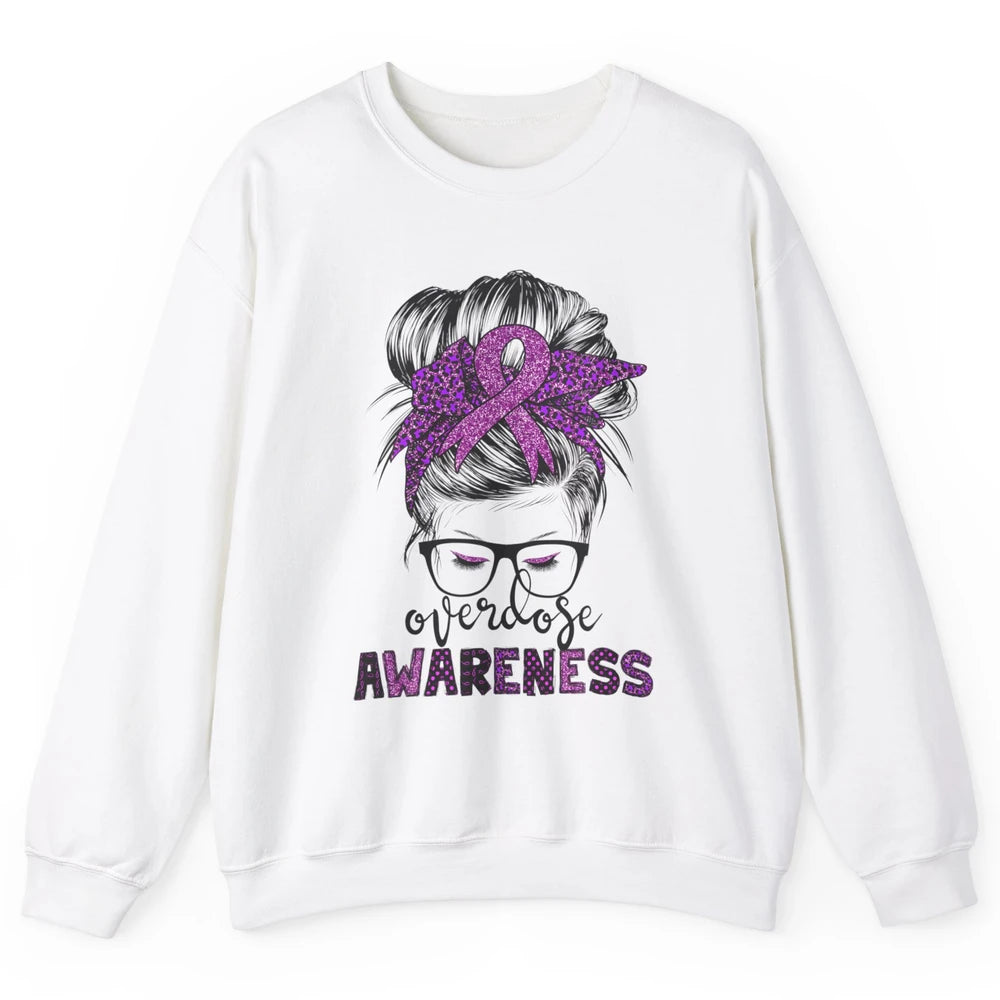 Overdose Awareness Messy Hair Bun Purple Leopard Warrior Unisex Crewneck Sweatshirt