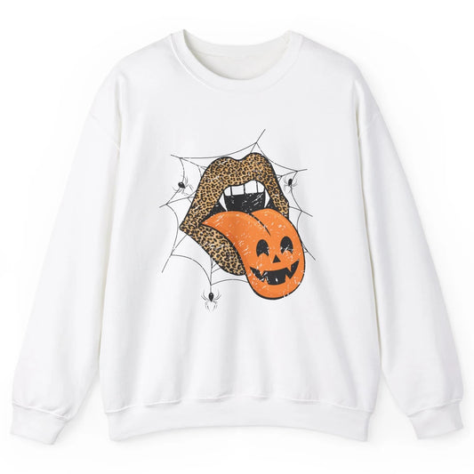 Retro Pumpkin Lips Tongue Out Leopard Halloween Costume Gift Unisex Crewneck Sweatshirt