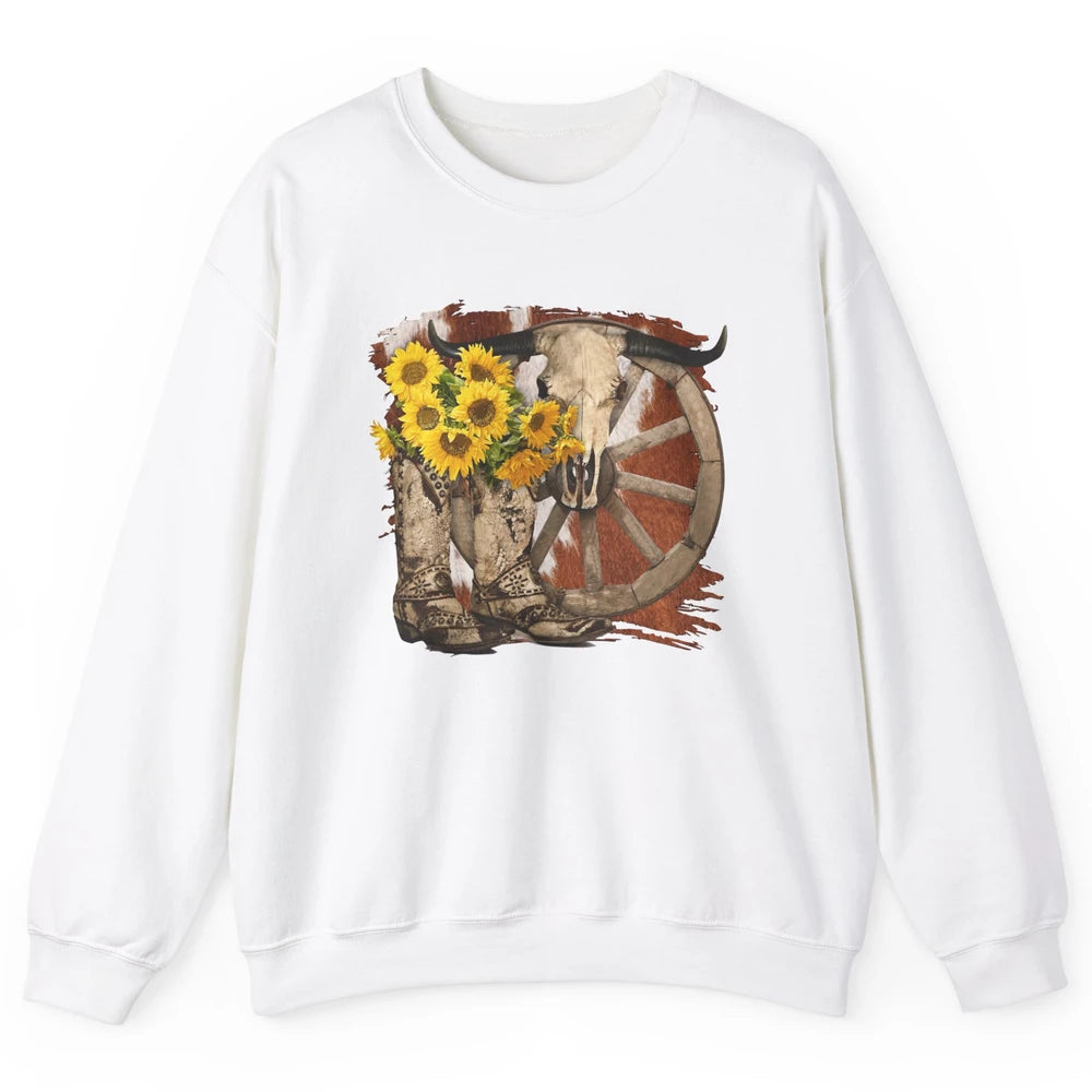 Retro Sunflower Cowgirl Boots Cow Skull Western Country Girl Unisex Crewneck Sweatshirt