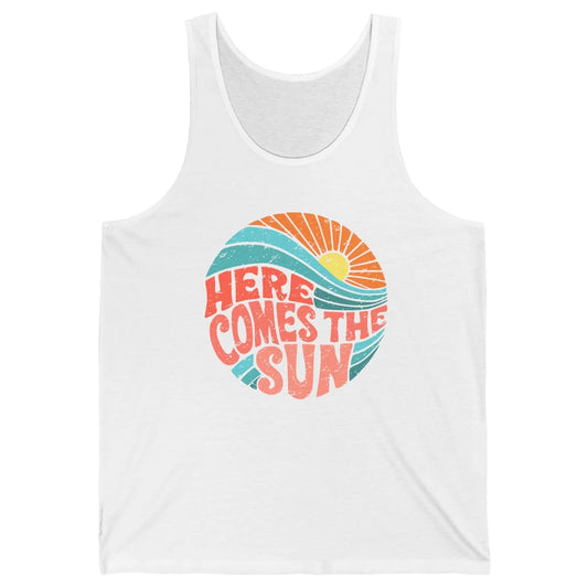 Retro Rainbow Sunrise Here Comes The Sun Hippie Girl Unisex Jersey Tank
