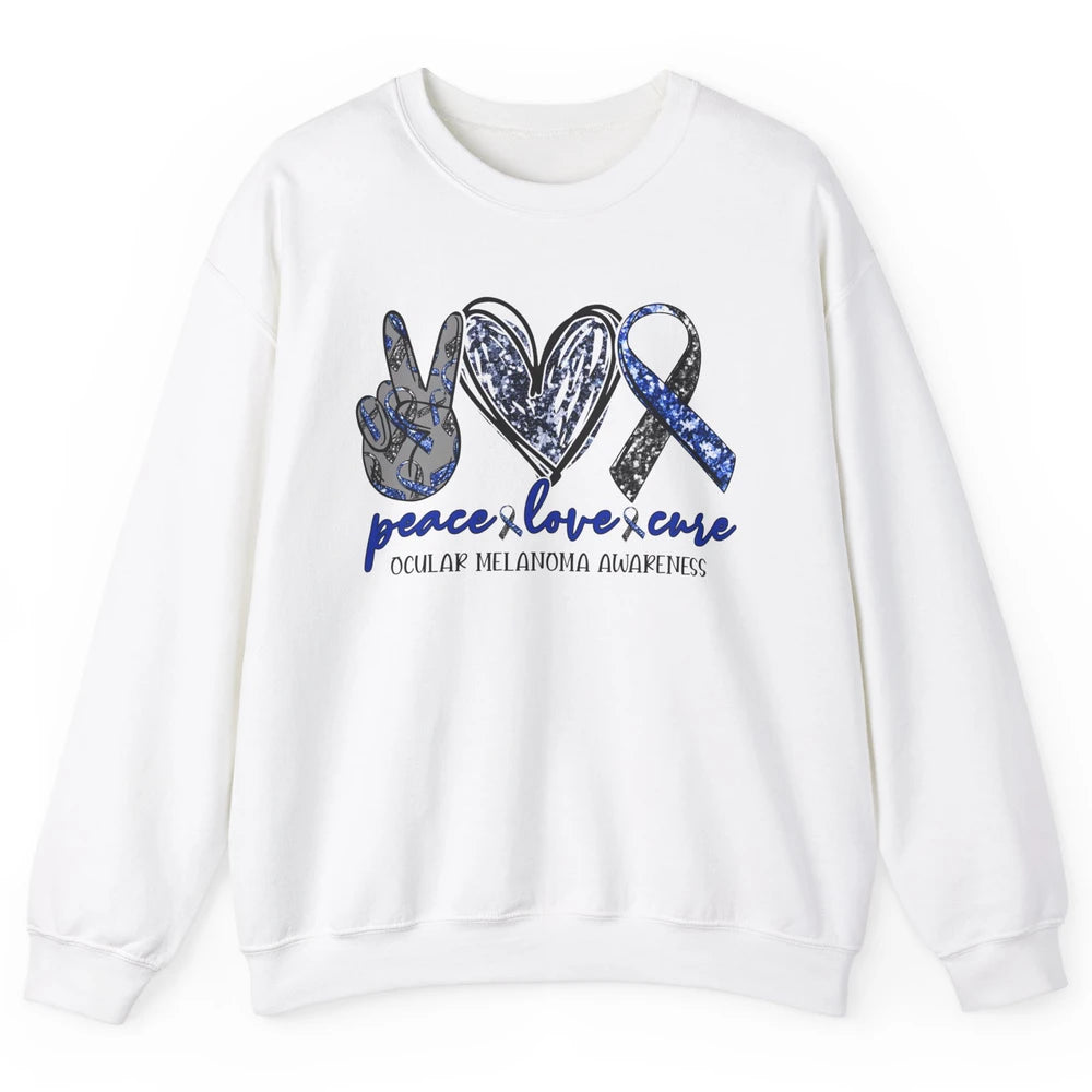 Ocular Melanoma Awareness Peace Love Cure Blue Ribbon Unisex Crewneck Sweatshirt