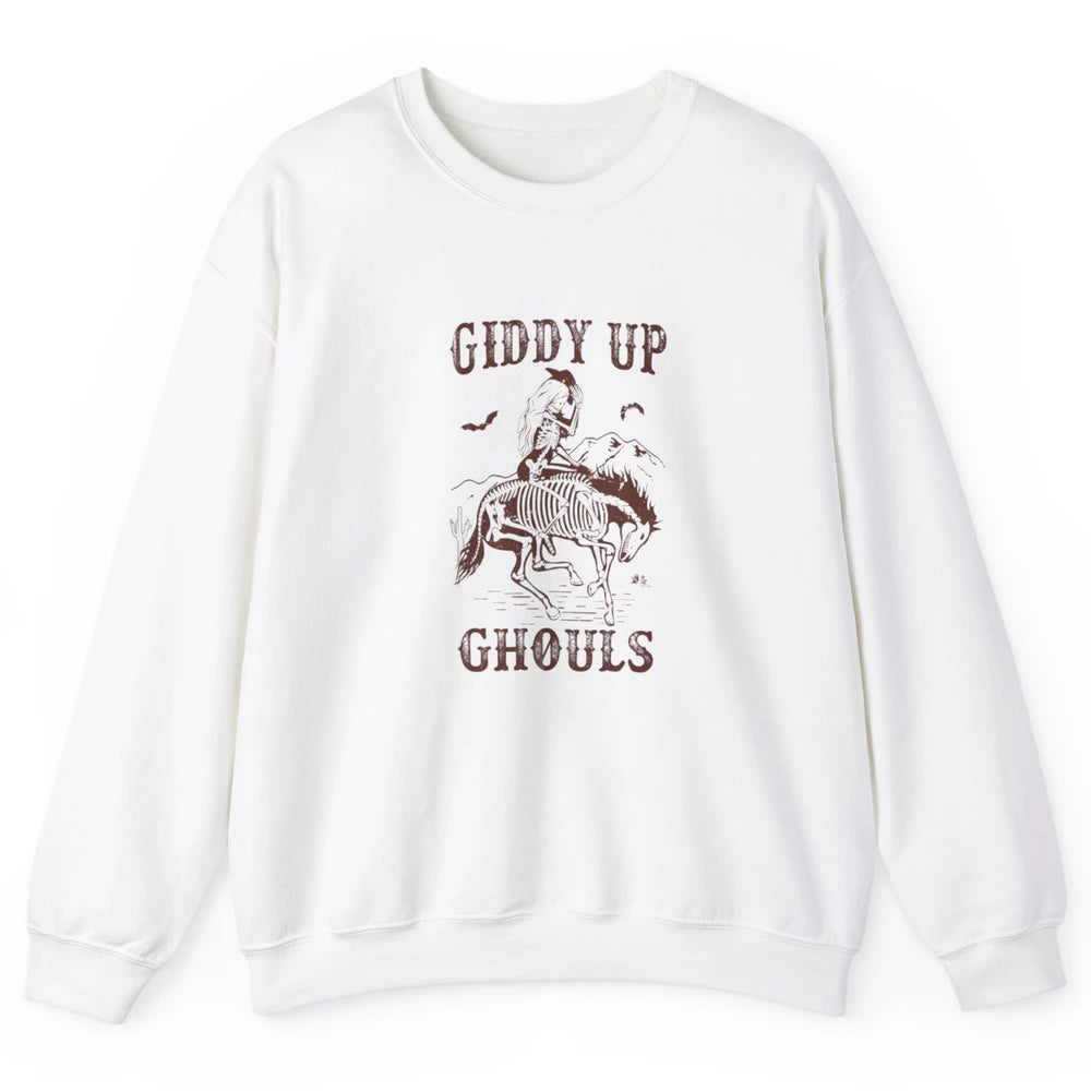 Retro Giddy Up Ghouls Skeleton Western Cowgirl Howdy Cowboy Unisex Crewneck Sweatshirt