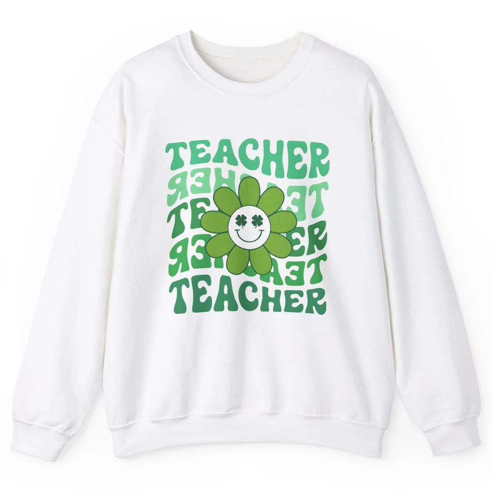 Retro Groovy Wavy Teacher Smiling Face Daisy St Patricks Day Unisex Crewneck Sweatshirt