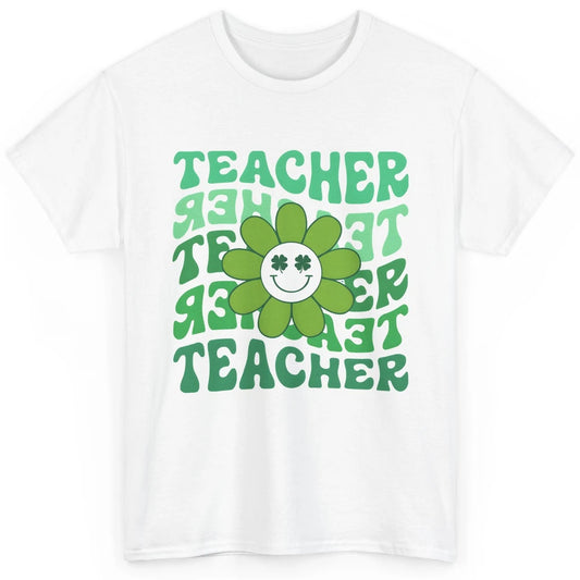 Retro Groovy Wavy Teacher Smiling Face Daisy St Patricks Day Classic Unisex T-Shirt