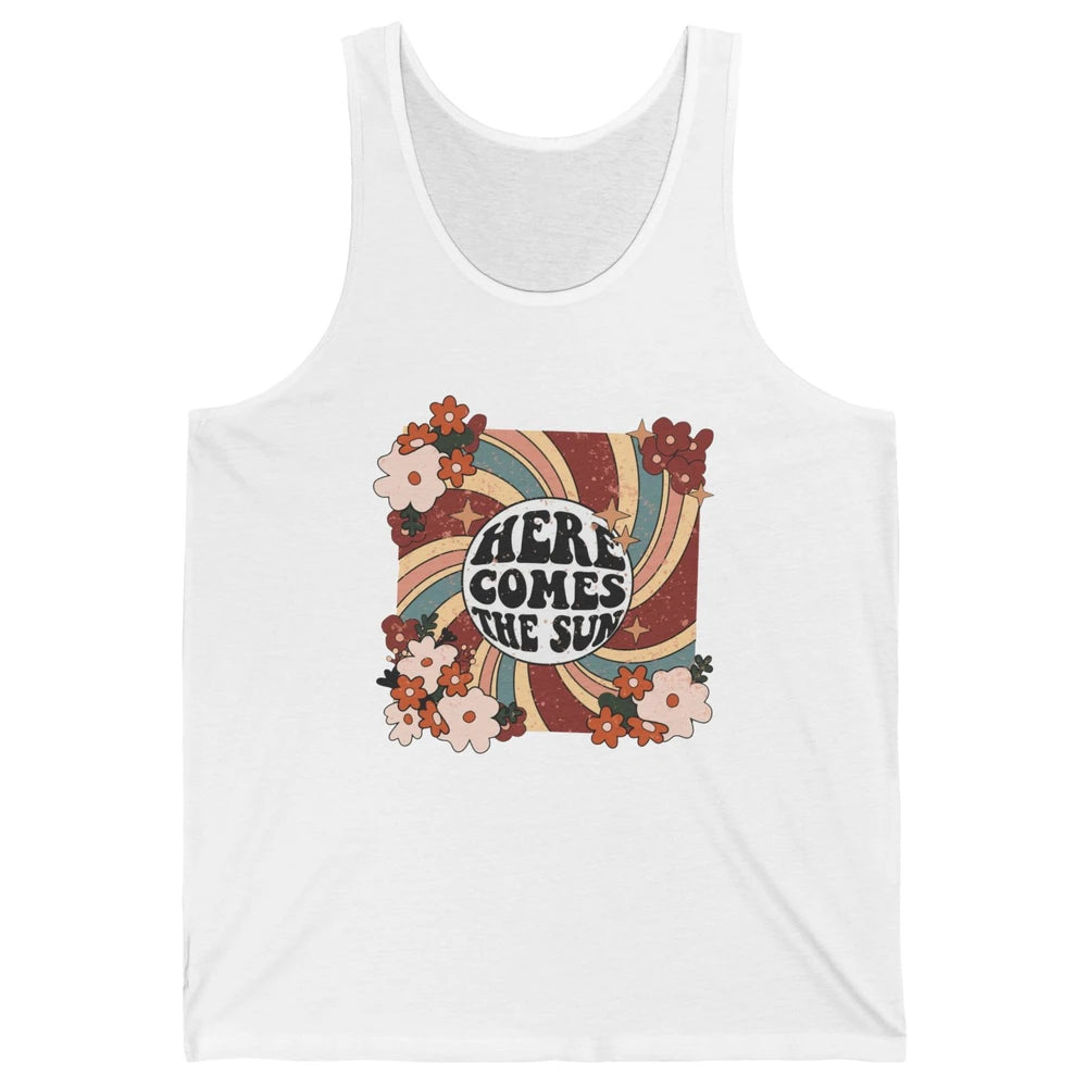 Retro Rainbow Sunrise Here Come The Sun Hippie Inspirational Unisex Jersey Tank