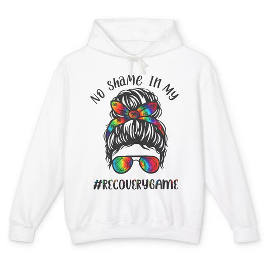 No Shame In My Recovery Game Messy Hair Bun Sober Supporter Unisex Lightweight Hoodie