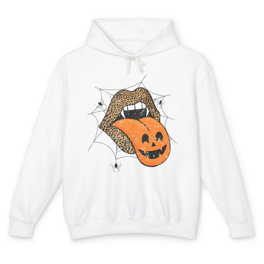 Retro Pumpkin Lips Tongue Out Leopard Halloween Costume Gift Unisex Lightweight Hoodie