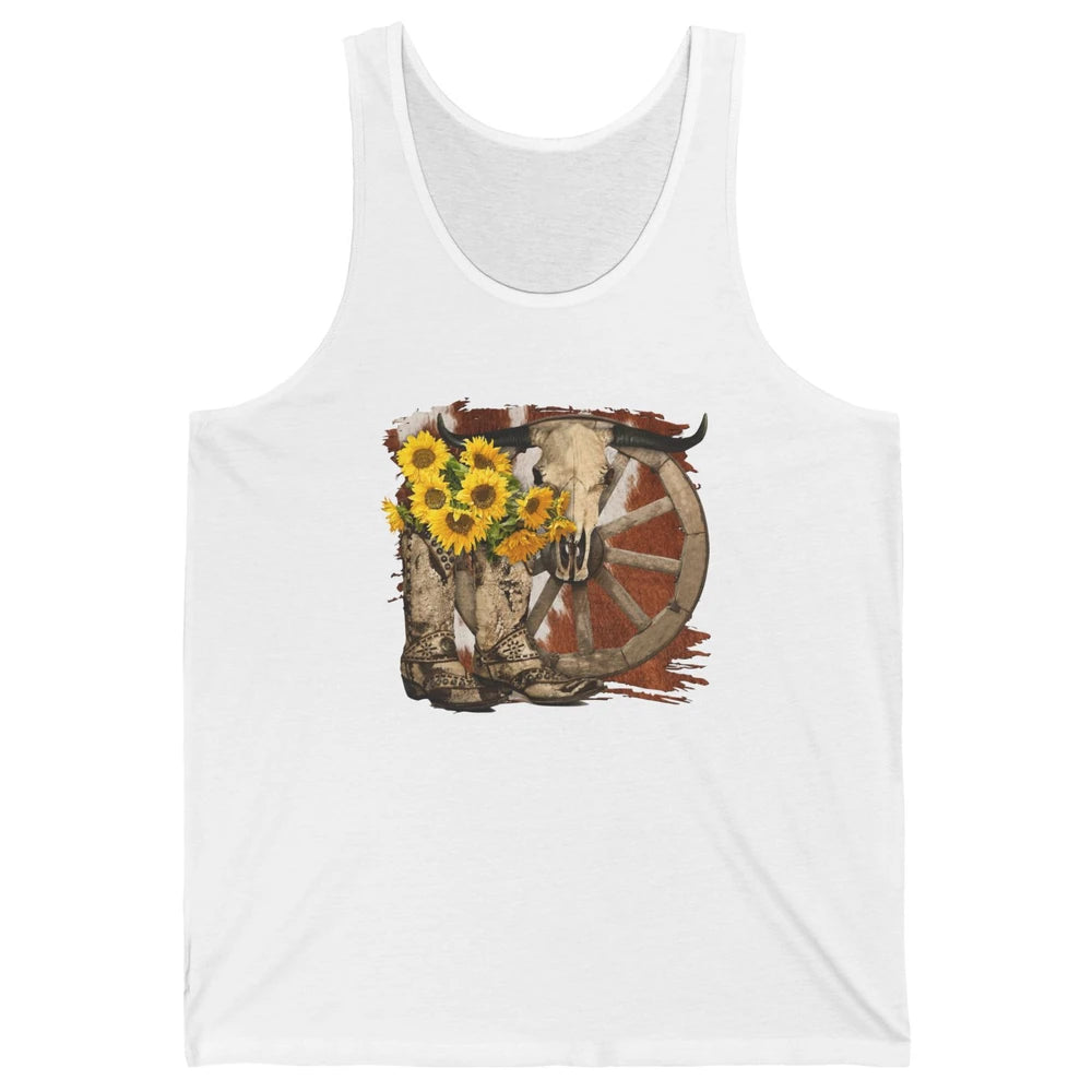 Retro Sunflower Cowgirl Boots Cow Skull Western Country Girl Unisex Jersey Tank