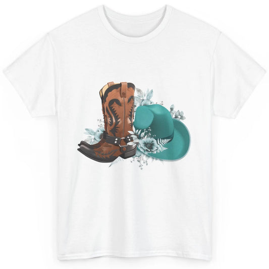 Retro Cowgirl Floral Turquoise Cowboy Boots Rodeo Western Classic Unisex T-Shirt