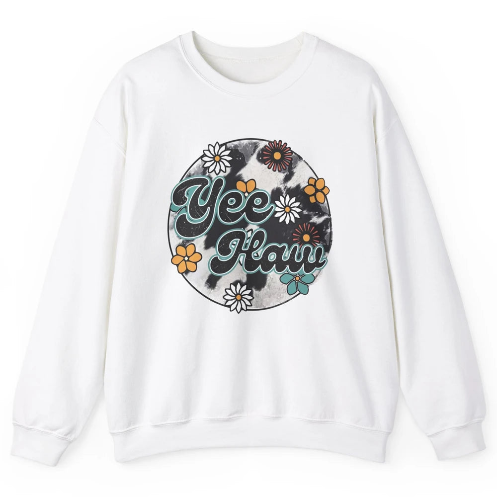Retro Groovy Daisy Yee Haw Cowhide Western Country Cowgirl Unisex Crewneck Sweatshirt