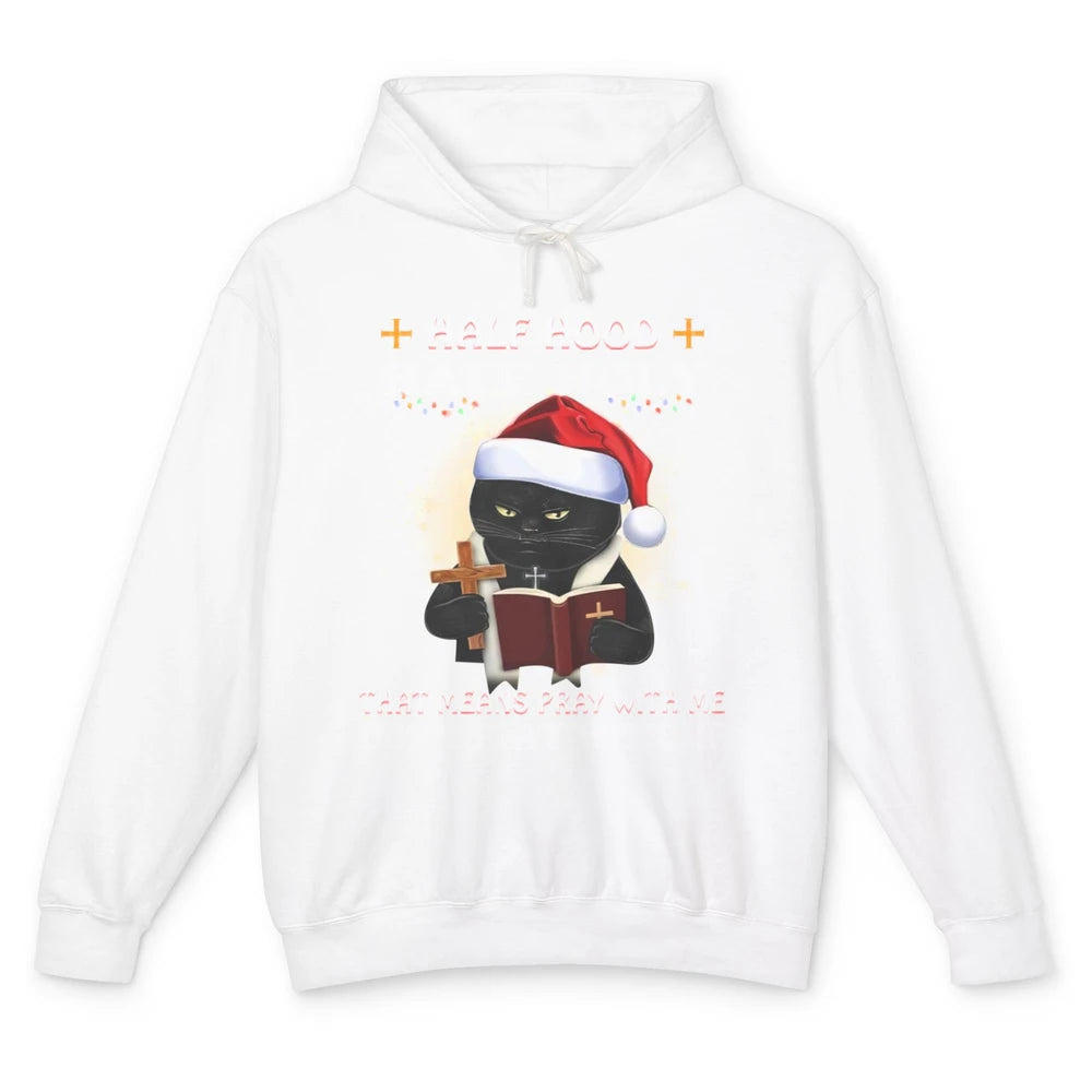 Black Cat Santa Half Hood Half Holly Christmas Bible Verse Unisex Lightweight Hoodie