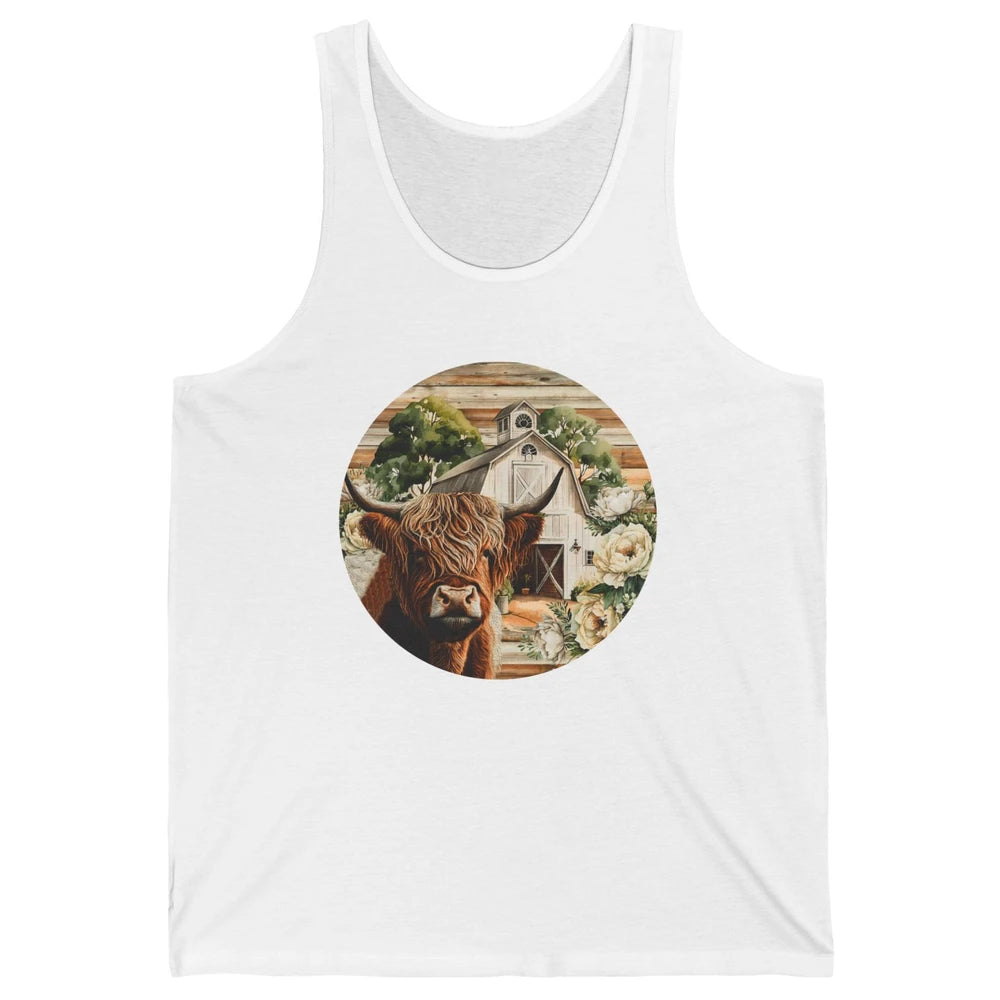 Retro Farm Highland Cow Barn House Western Country Farmer Unisex Jersey Tank