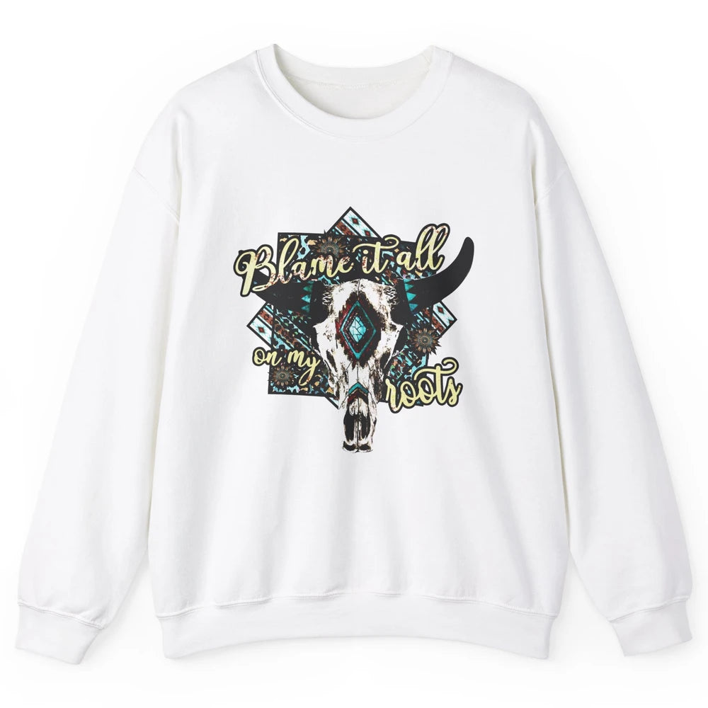 Retro Boot Blame It All On My Root Cow Skull Western Cowboy Unisex Crewneck Sweatshirt