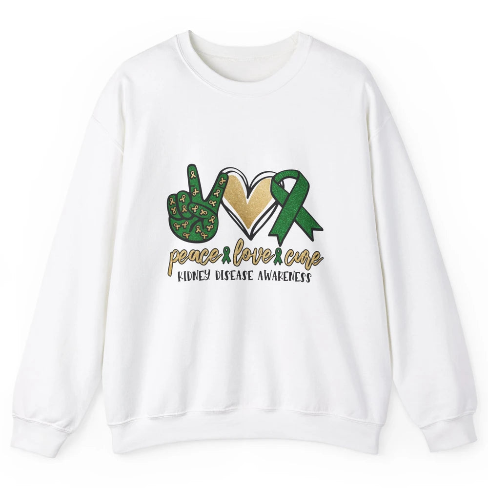 Peace Love Cure Kidney Disease Awareness Green Ribbon Heart Unisex Crewneck Sweatshirt
