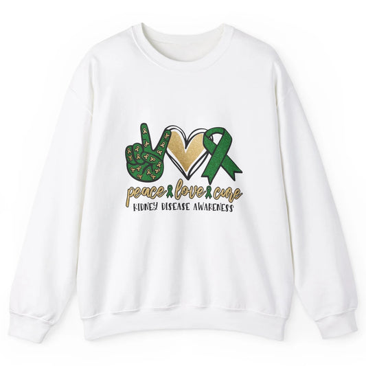 Peace Love Cure Kidney Disease Awareness Green Ribbon Heart Unisex Crewneck Sweatshirt