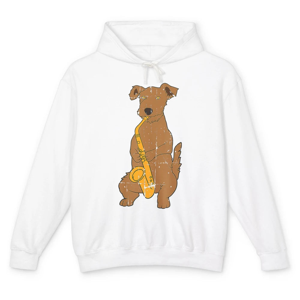 Funny Dog Vintage Jazz Puppy Musician Musical Note Saxophone Unisex Lightweight Hoodie