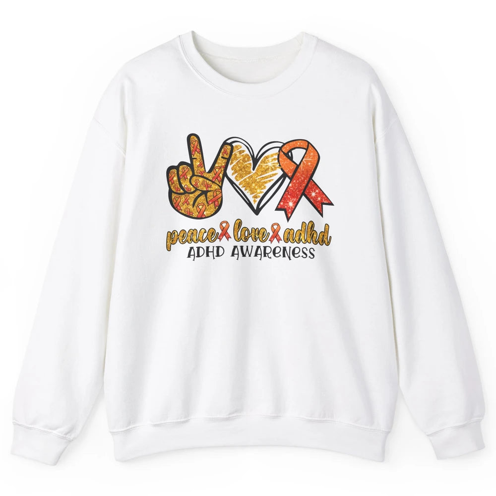 ADHD Awareness Month Peace Love ADHD Orange Ribbon Unisex Crewneck Sweatshirt