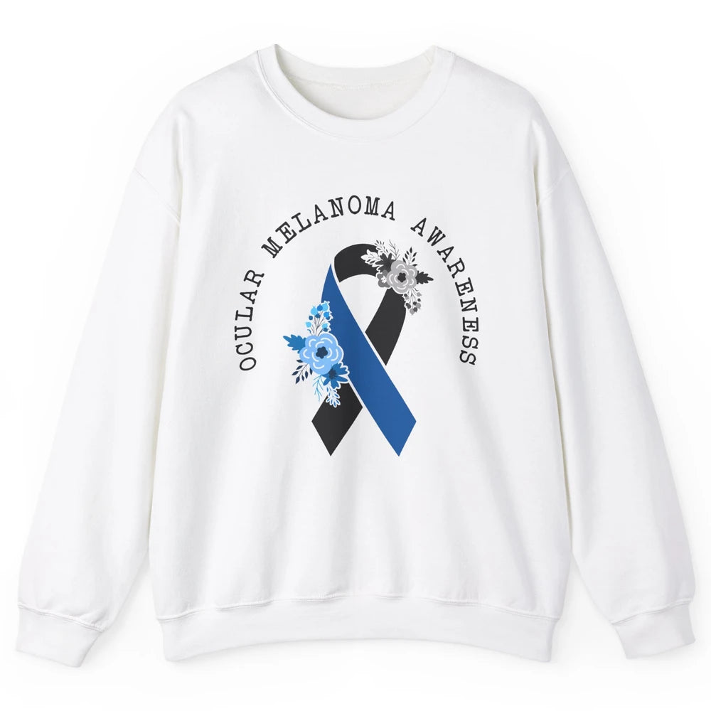 Ocular Melanoma Awareness Floral Black Blue Ribbon Rainbow Unisex Crewneck Sweatshirt