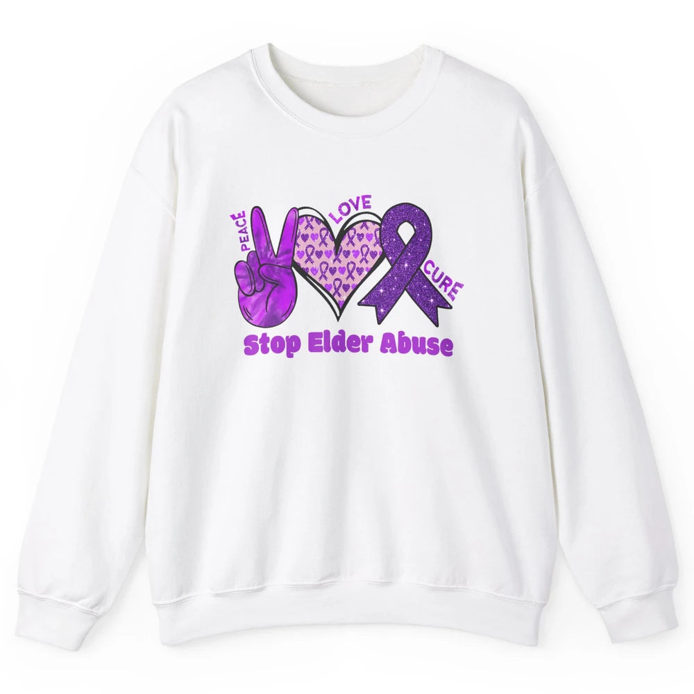 Peace Love Hope Heart Purple Ribbon Elder Abuse Awareness Unisex Crewneck Sweatshirt