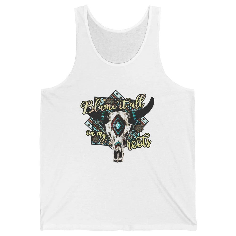 Retro Boot Blame It All On My Root Cow Skull Western Cowboy Unisex Jersey Tank