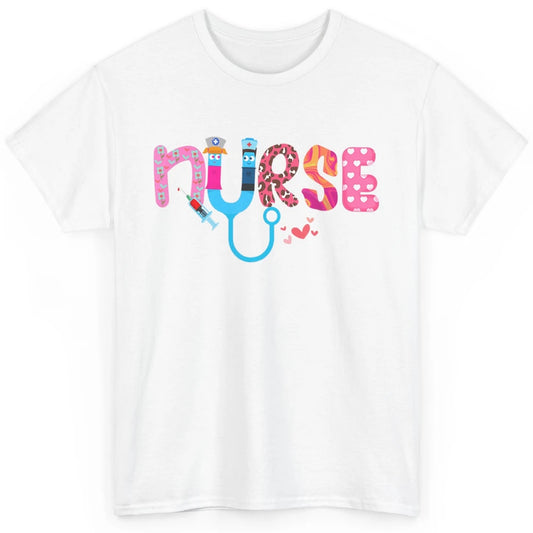Nurse Happy Valentine's Day Love ER ICU NICU Emergency Nursing Leopard Stethoscope Love Needles Classic Unisex T-Shirt