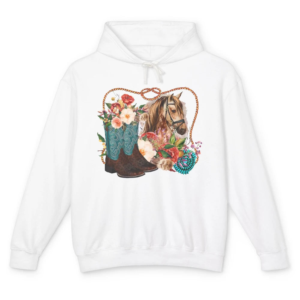 Retro Floral Cowboy Boots And Horse Western Country Cowgirl Unisex Lightweight Hoodie
