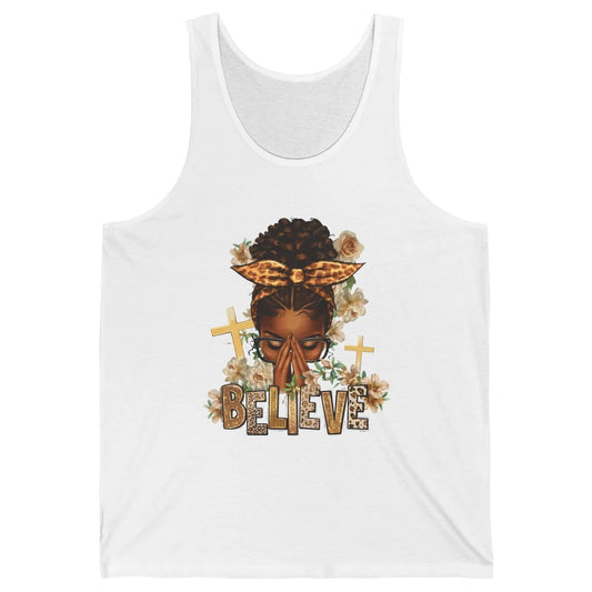 Floral Leopard Afro Messy Bun Believe Christian Religious Unisex Jersey Tank