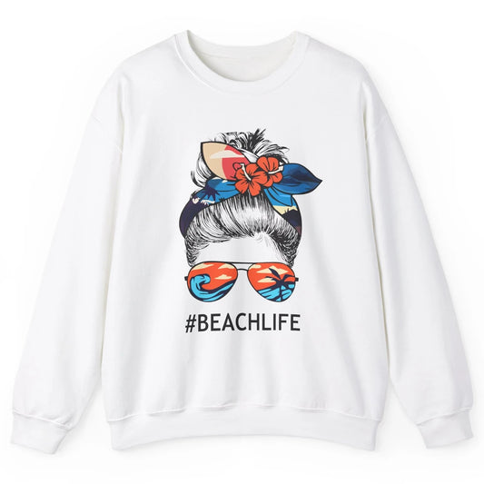 Beach Life Messy Bun Hawaiian Hair Retro Beach Palms Summer Unisex Crewneck Sweatshirt